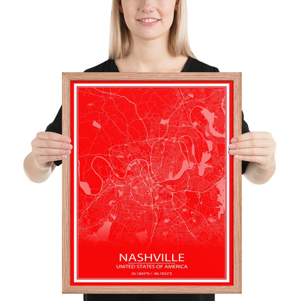 Nashville Red and White Framed Map