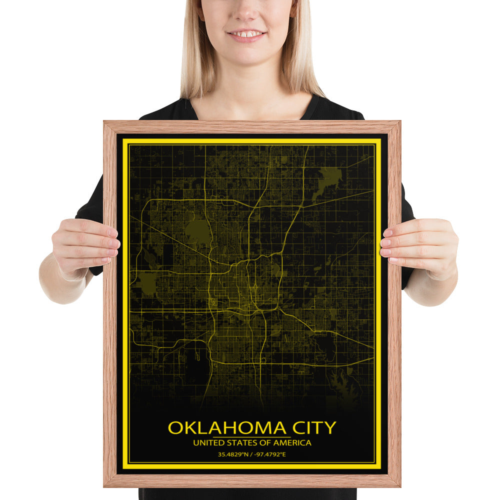 Oklahoma City Black and Yellow Framed Map