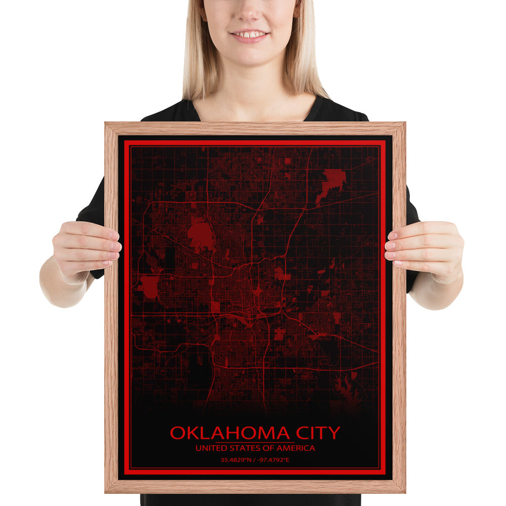 Oklahoma City Black and Red Framed Map