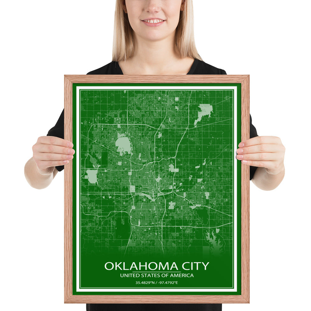 Oklahoma City Green and White Framed Map