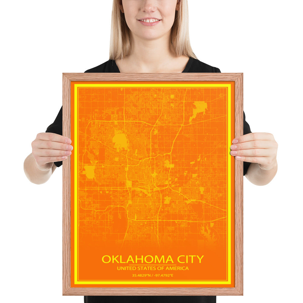 Oklahoma City Orange and Yellow Framed Map