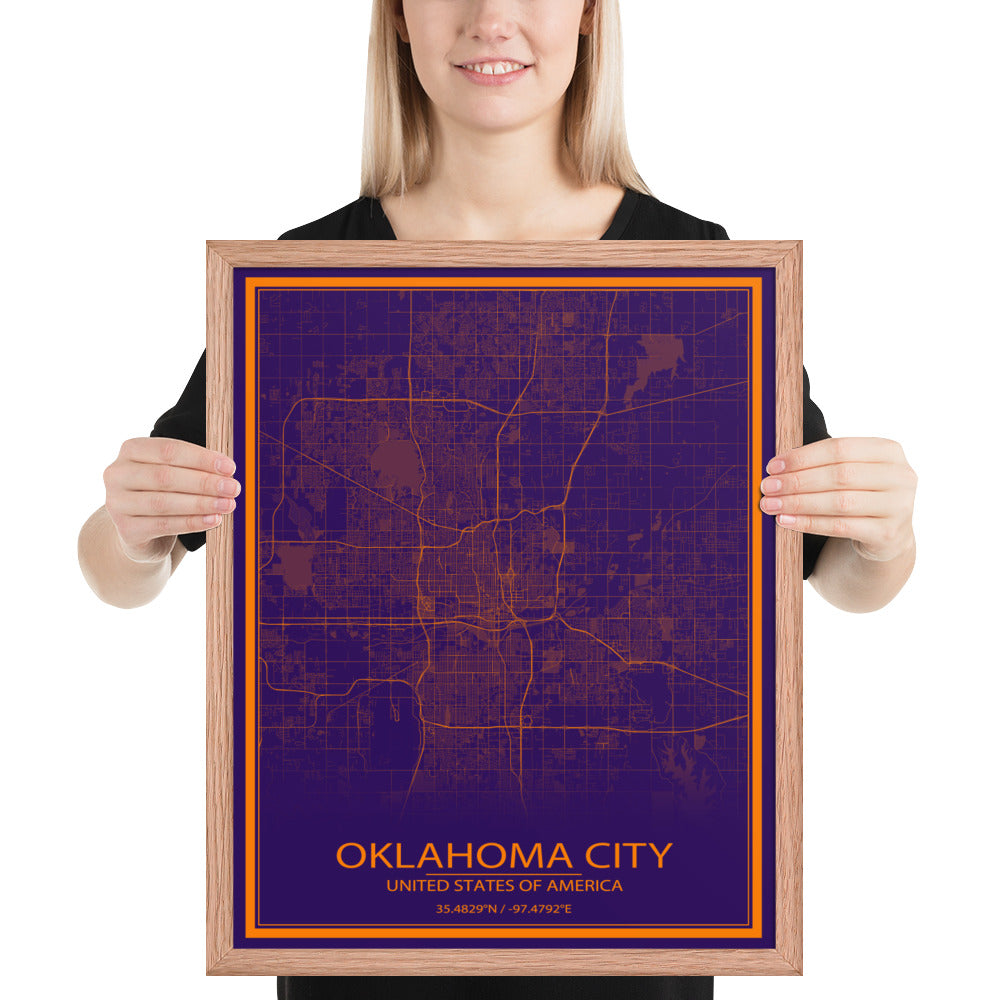 Oklahoma City Purple and Orange Framed Map