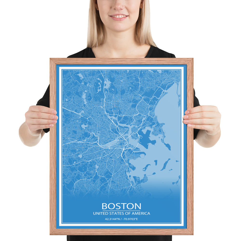 Boston Blue and White Framed Map