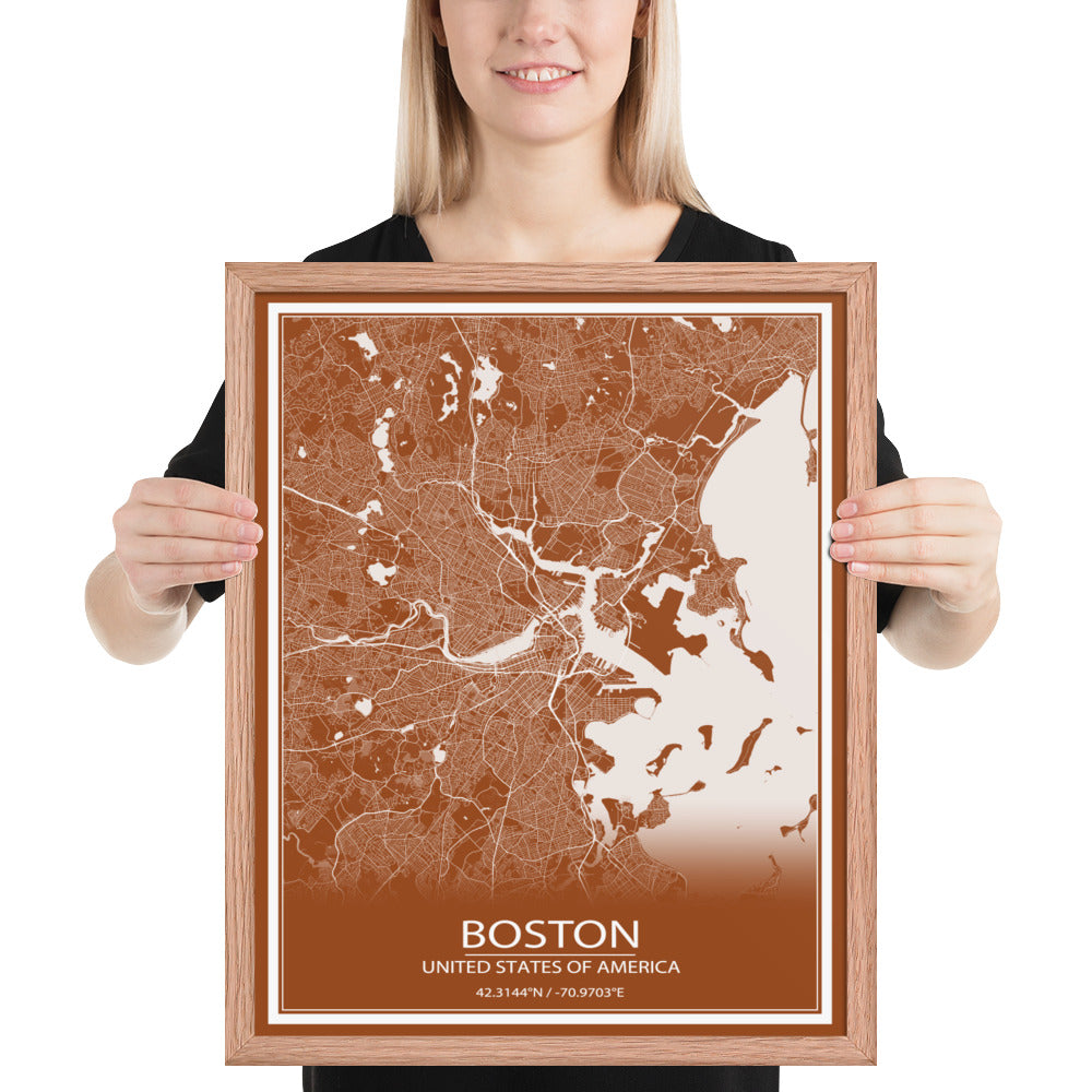 Boston Brown and White Framed Map