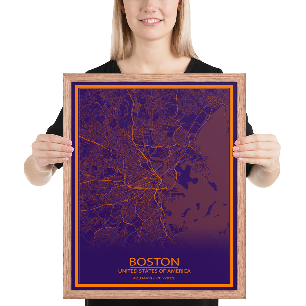 Boston Purple and Orange Framed Map