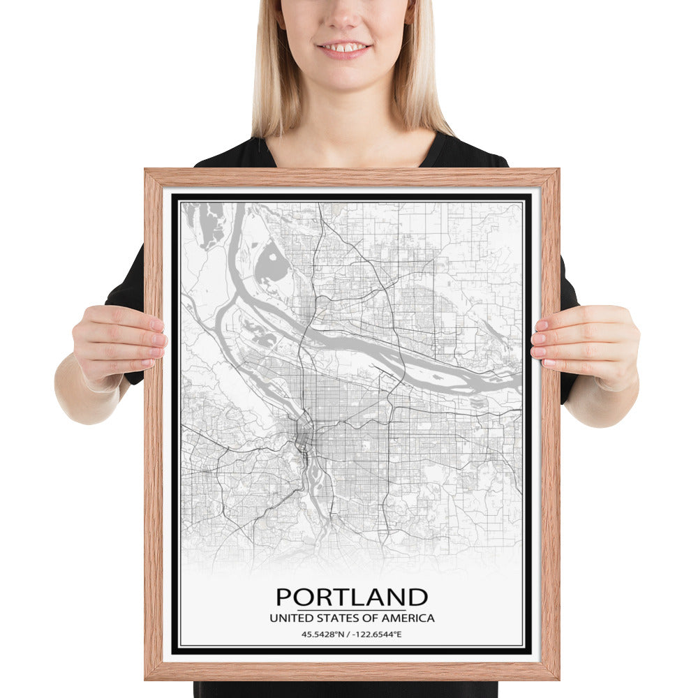 Portland White Framed Map