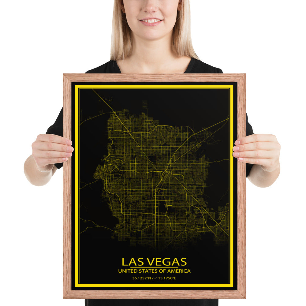 Las Vegas Black and Yellow Framed Map