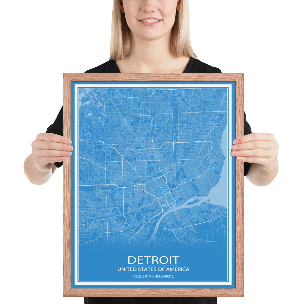 Detroit Blue and White Framed Map