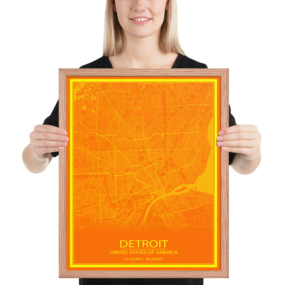 Detroit Orange and Yellow Framed Map