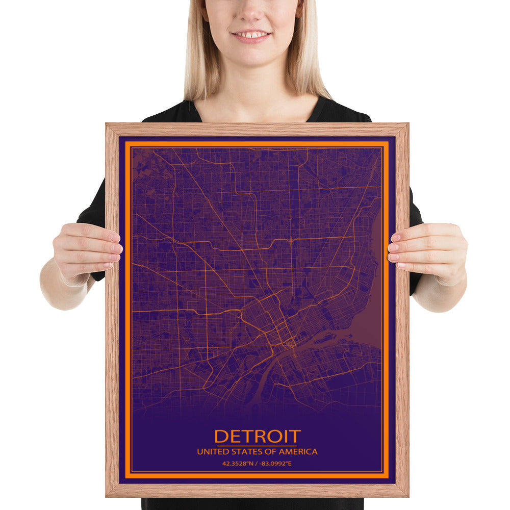 Detroit Purple and Orange Framed Map