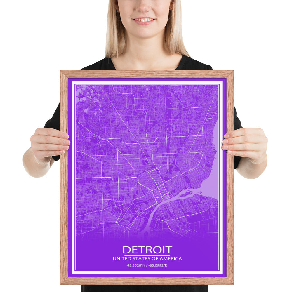 Detroit Purple and White Framed Map