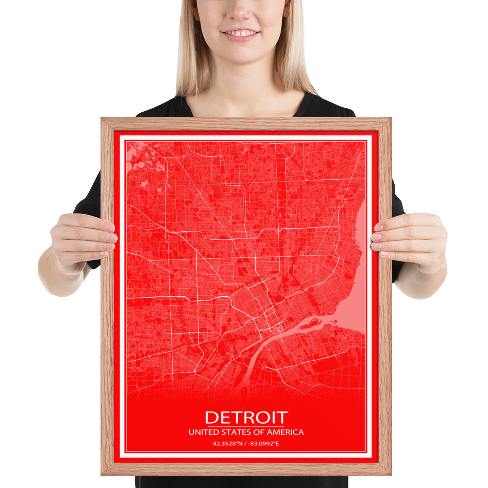 Detroit Red and White Framed Map