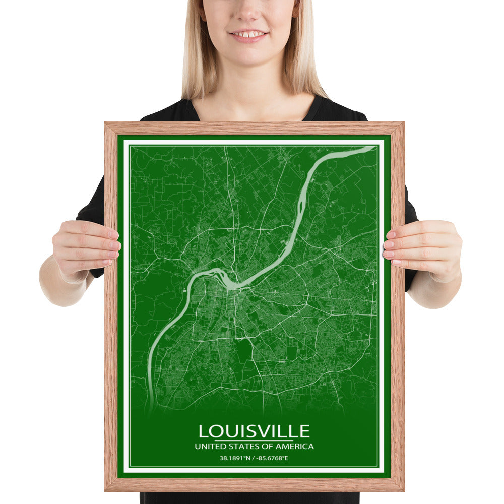 Louisville Green and White Framed Map