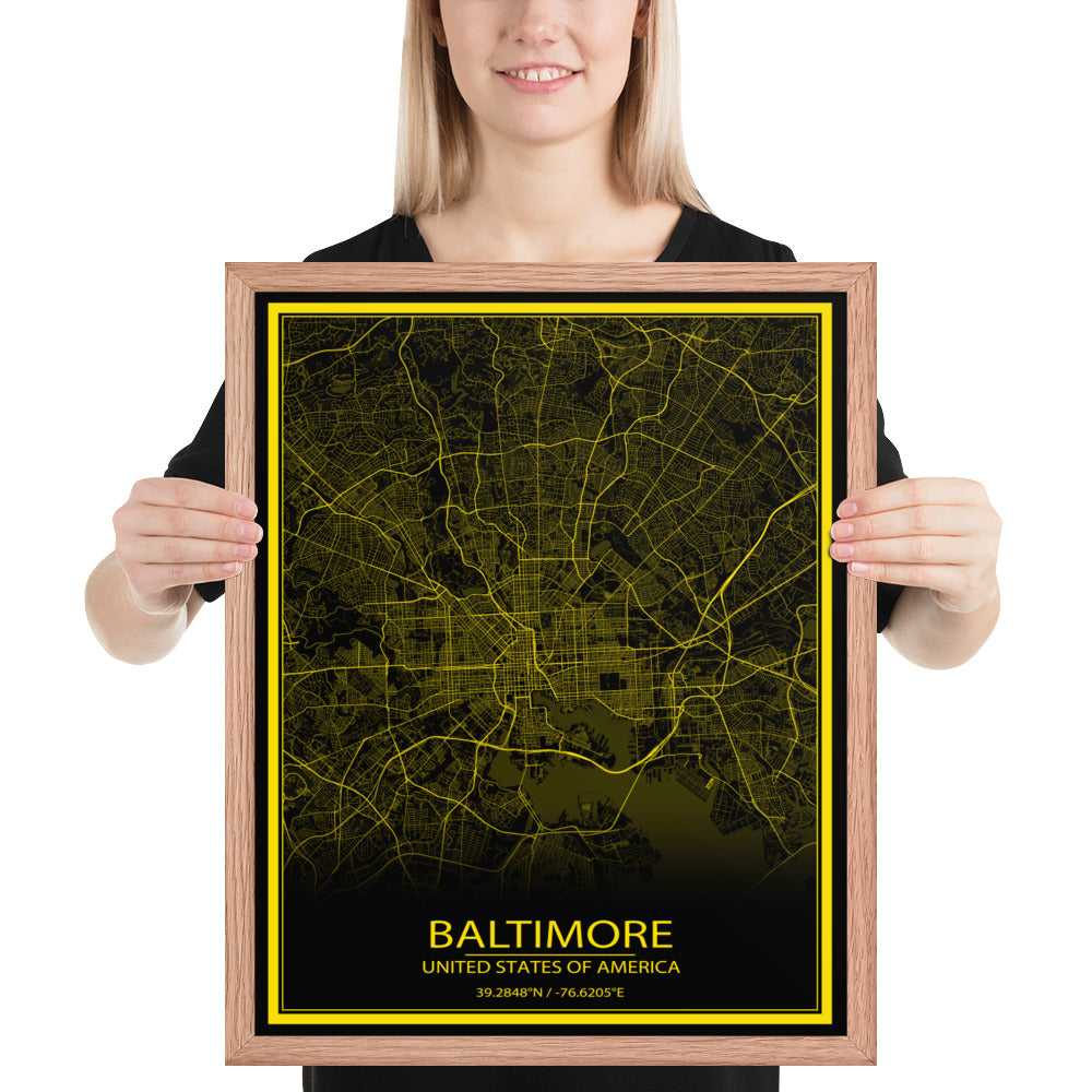 Baltimore Black and Yellow Framed Map