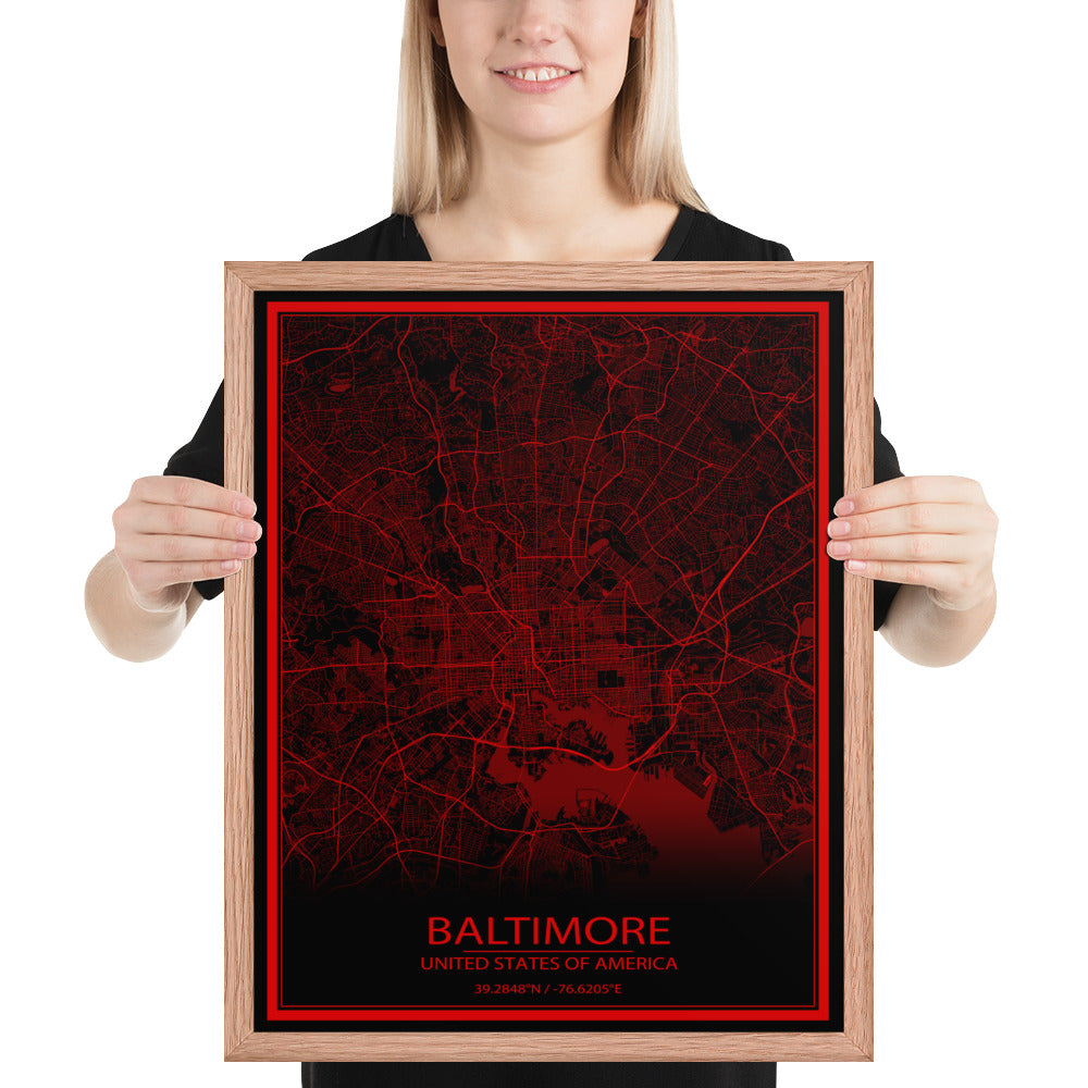 Baltimore Black and Red Framed Map