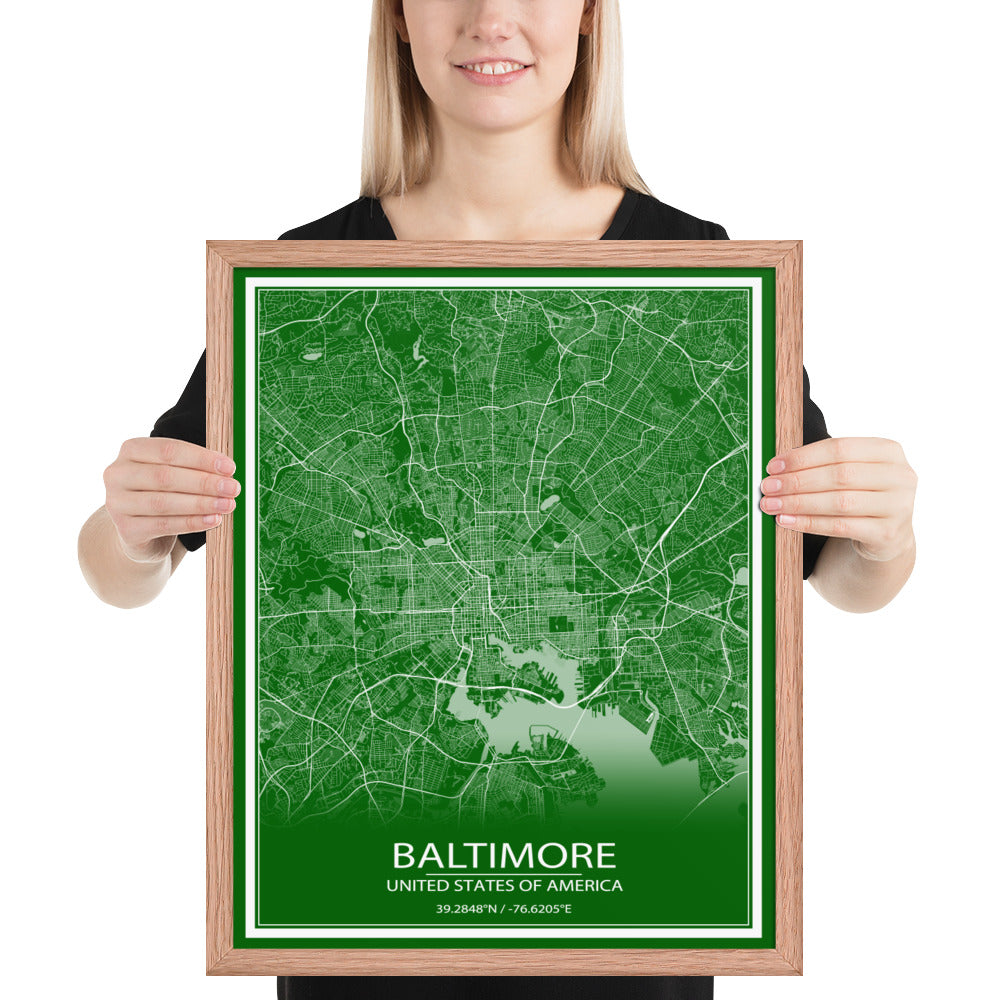 Baltimore Green and White Framed Map