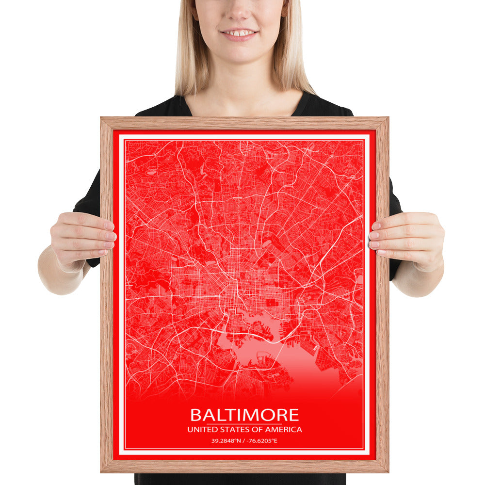 Baltimore Red and White Framed Map