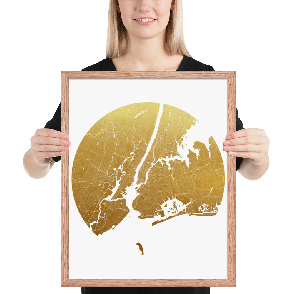 New York Gold on White Framed Map