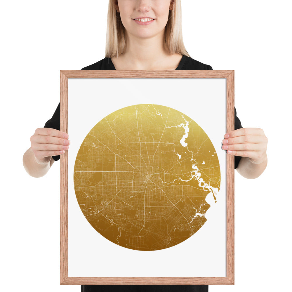 Houston Gold on White Framed Map