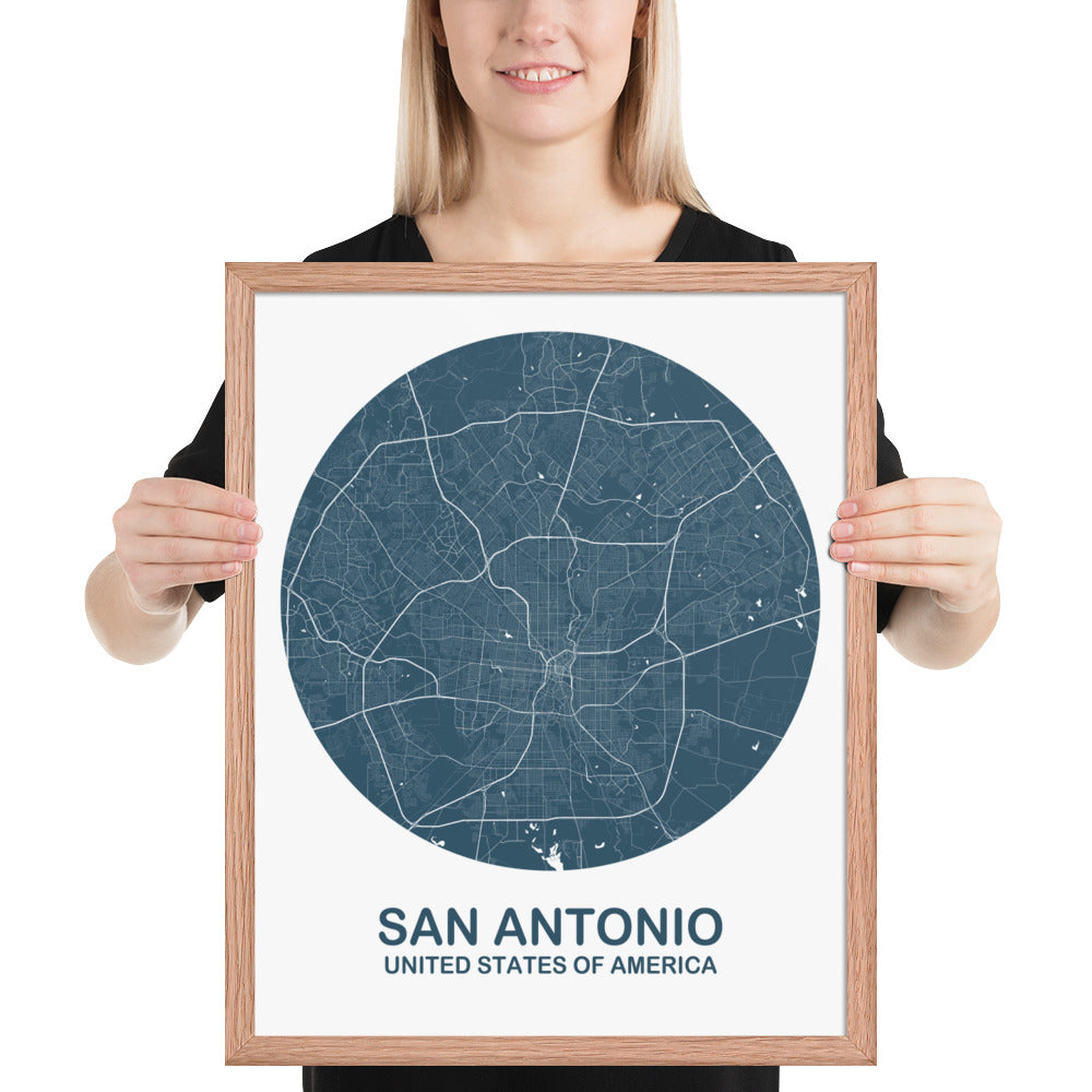 San Antonio Circular Blue Framed Map