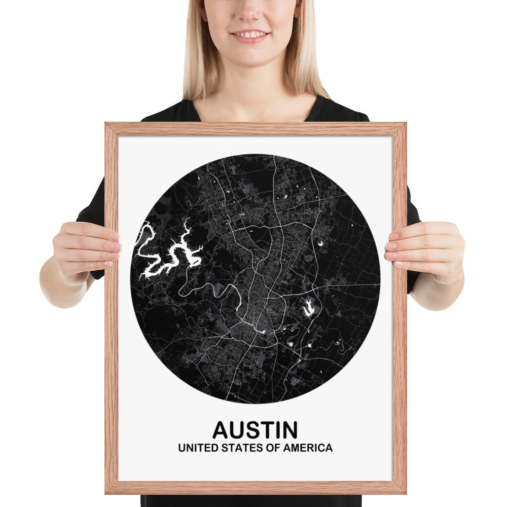 Austin Circular Black Framed Map