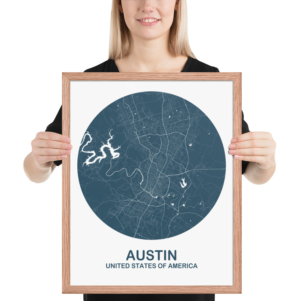 Austin Circular Blue Framed Map