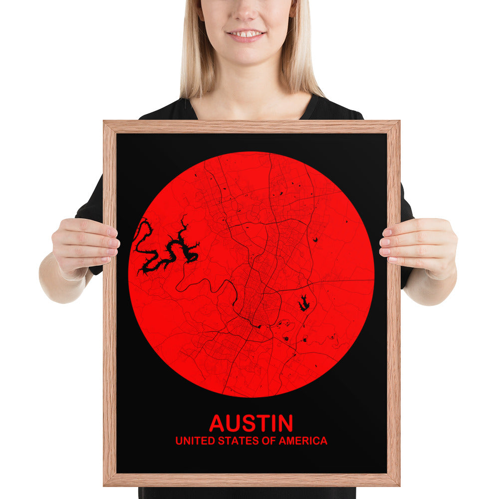 Austin Circular Red Framed Map