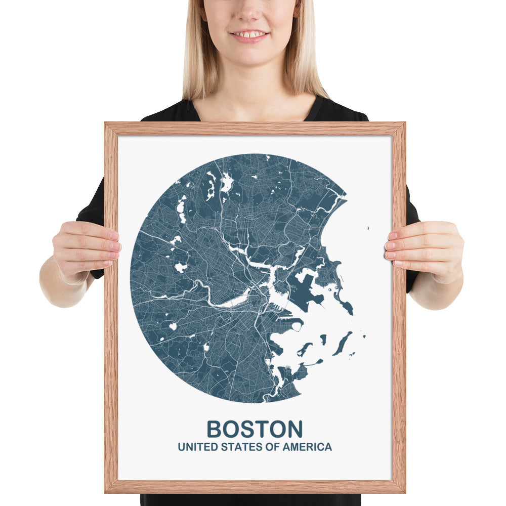 Boston Circular Blue Framed Map