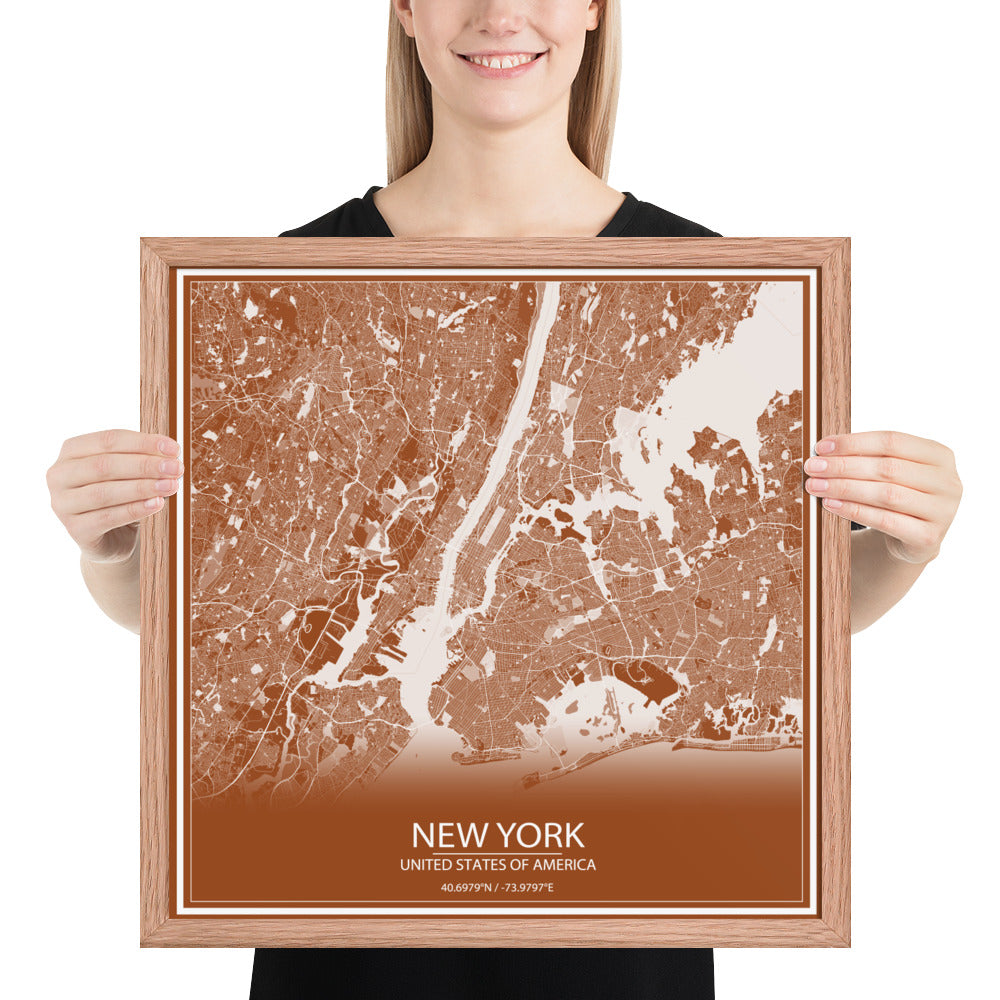 New York Brown and White Framed Map