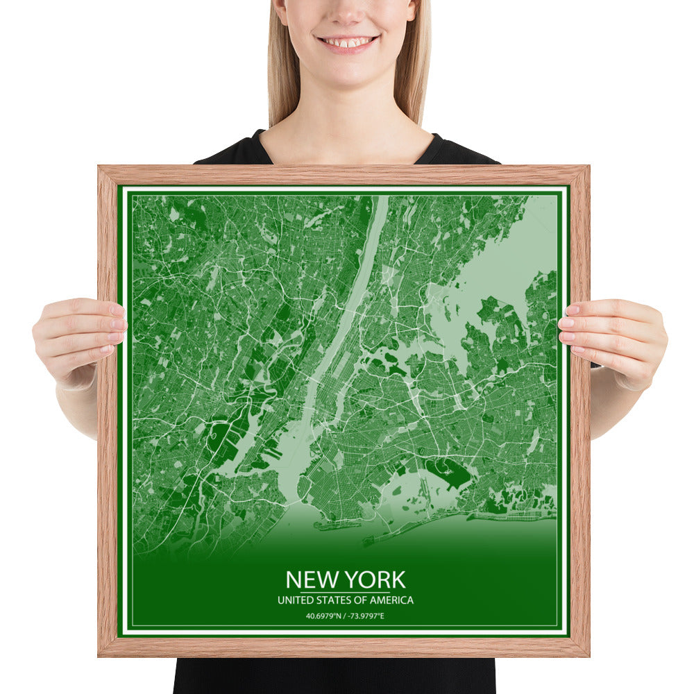 New York Green and White Framed Map