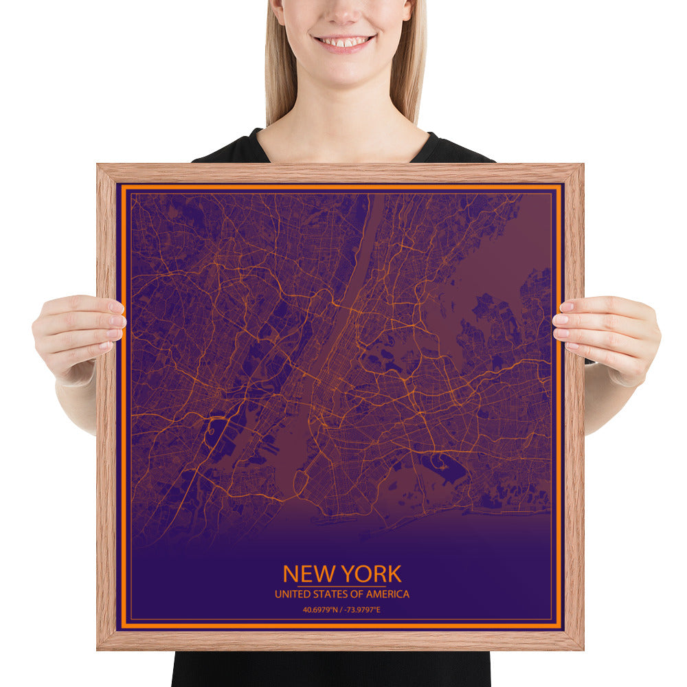 New York Purple and Orange Framed Map