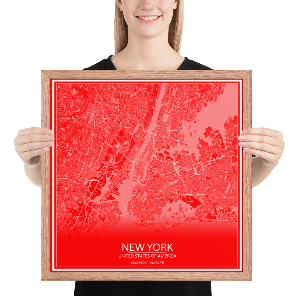 New York Red and White Framed Map