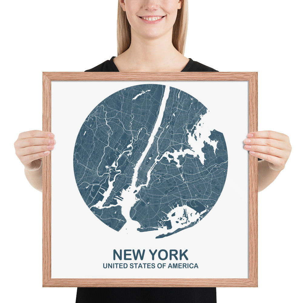 New York Circular Blue Framed Map