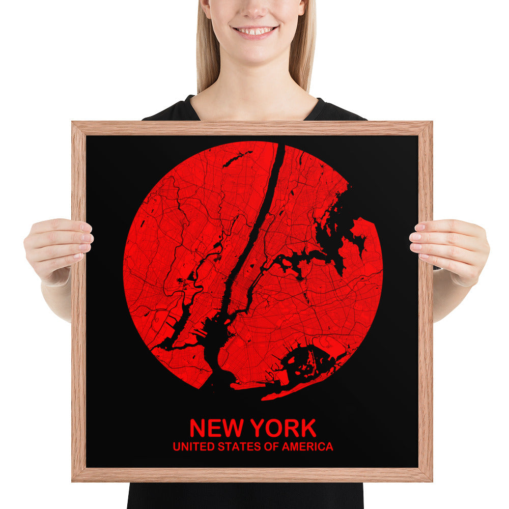 New York Circular Red Framed Map