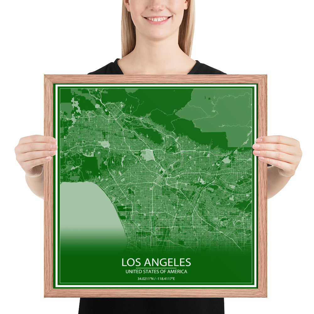 Los Angeles Green and White Framed Map