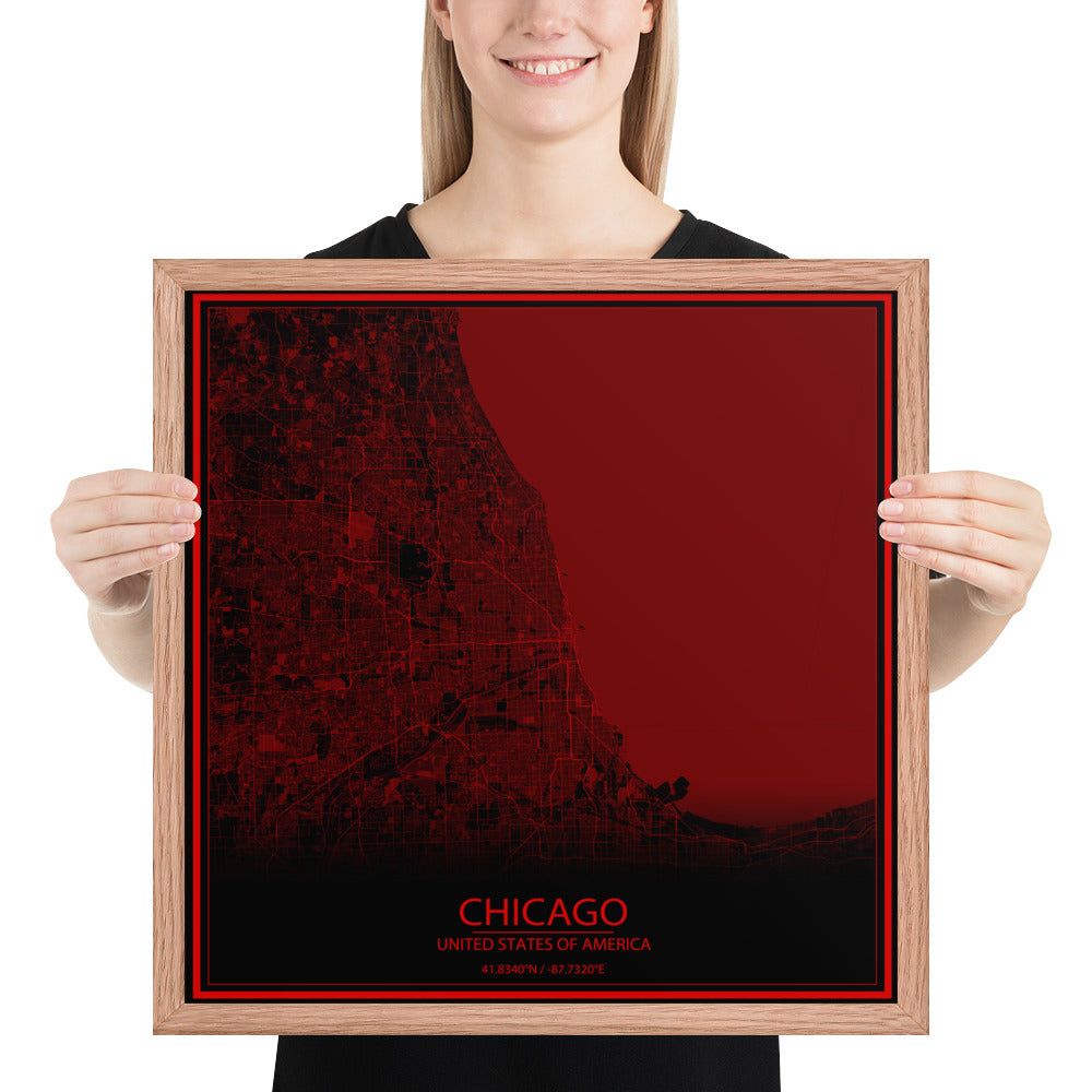 Chicago Black and Red Framed Map