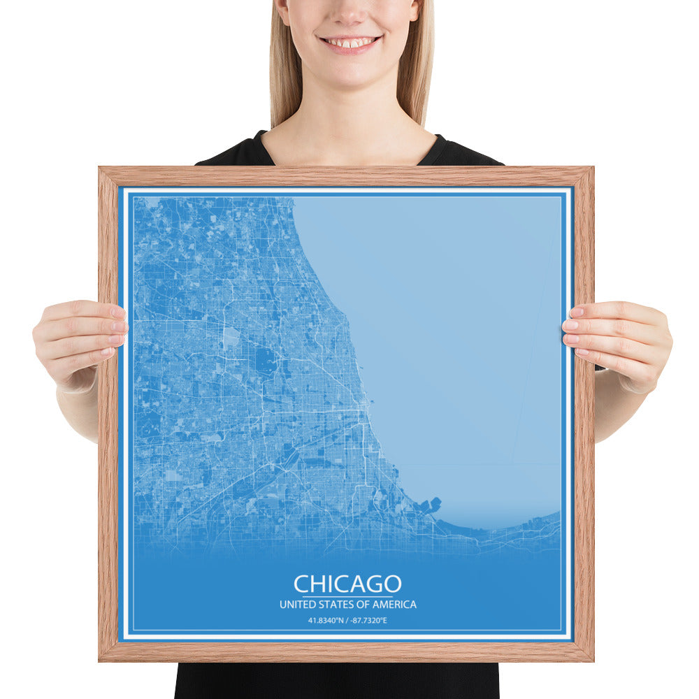 Chicago Blue and White Framed Map