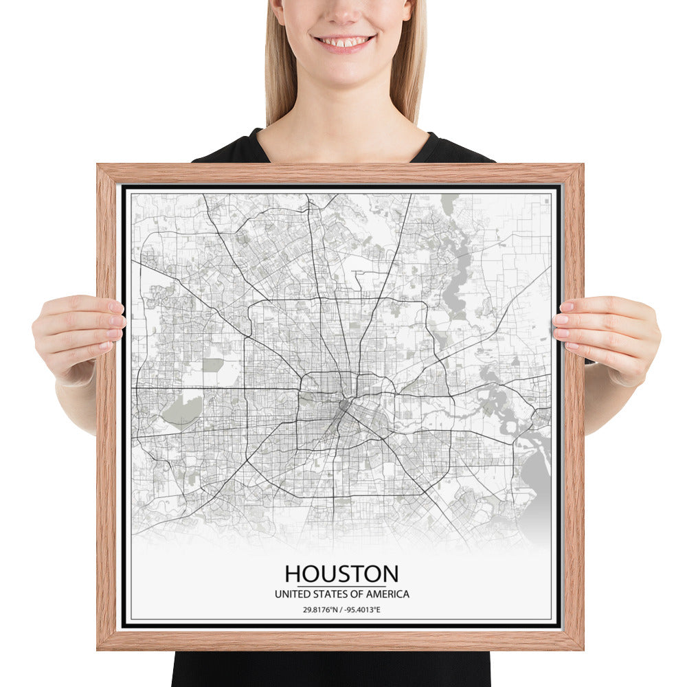 Houston White Framed Map