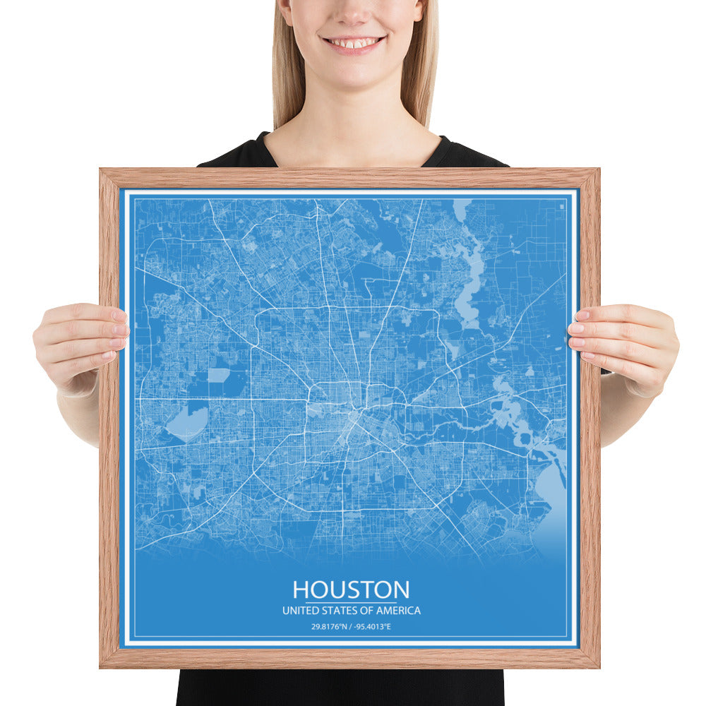 Houston Blue and White Framed Map