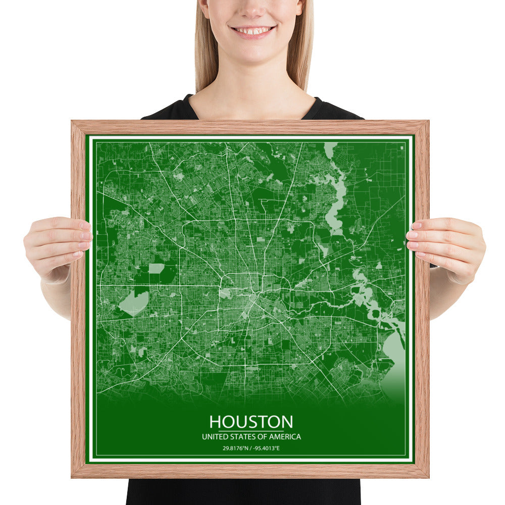 Houston Green and White Framed Map