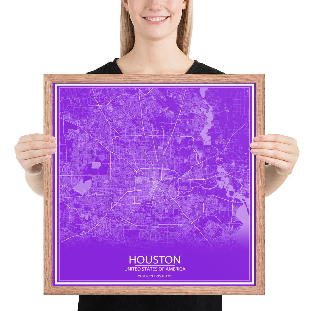 Houston Purple and White Framed Map