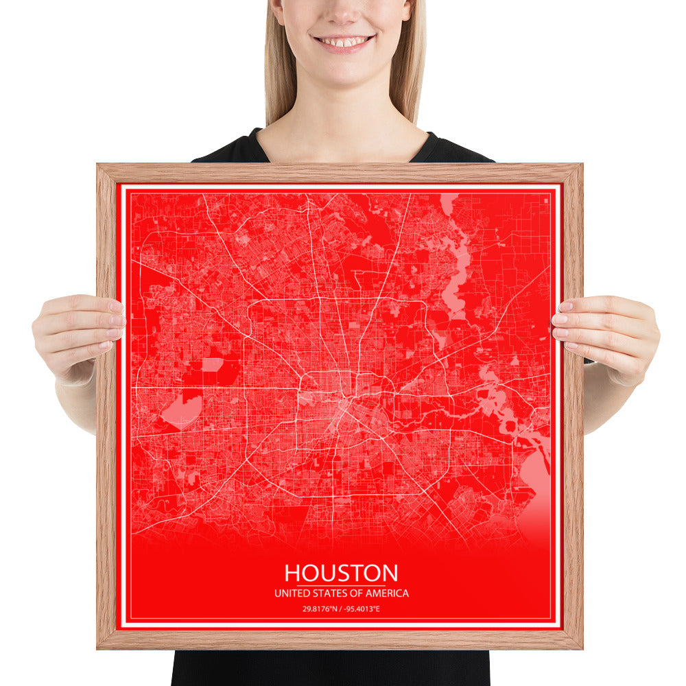 Houston Red and White Framed Map