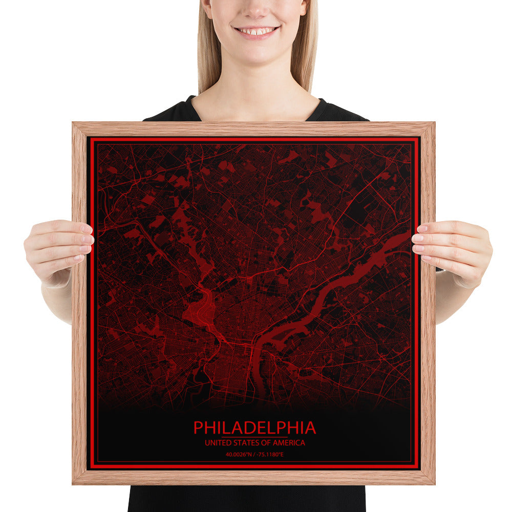 Philadelphia Black and Red Framed Map