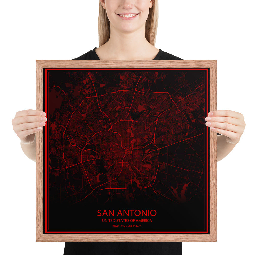 San Antonio Black and Red Framed Map