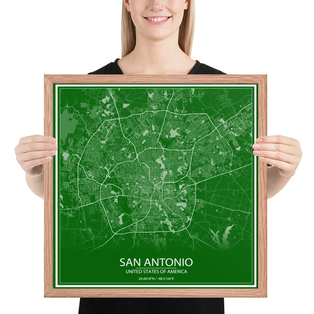 San Antonio Green and White Framed Map