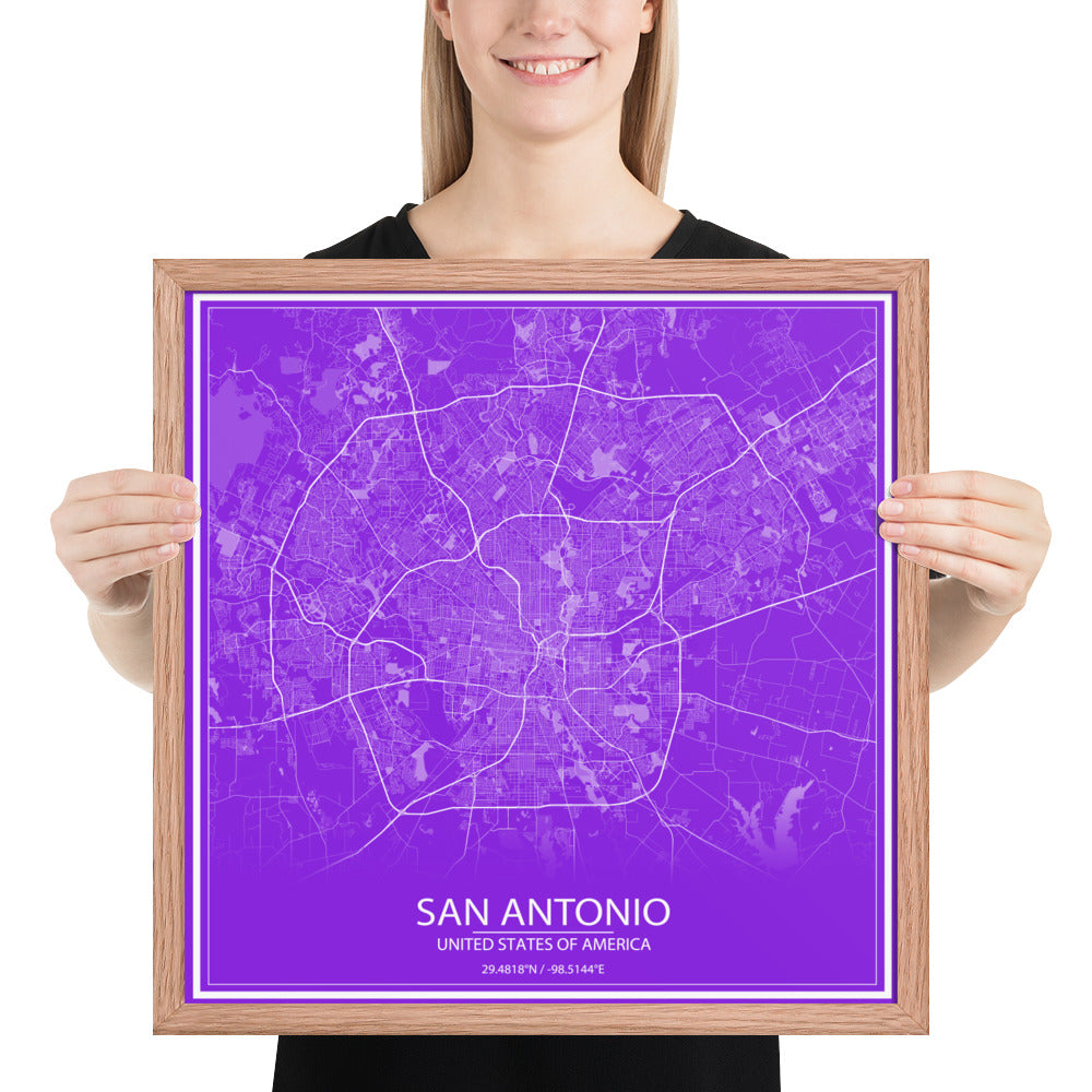 San Antonio Purple and White Framed Map