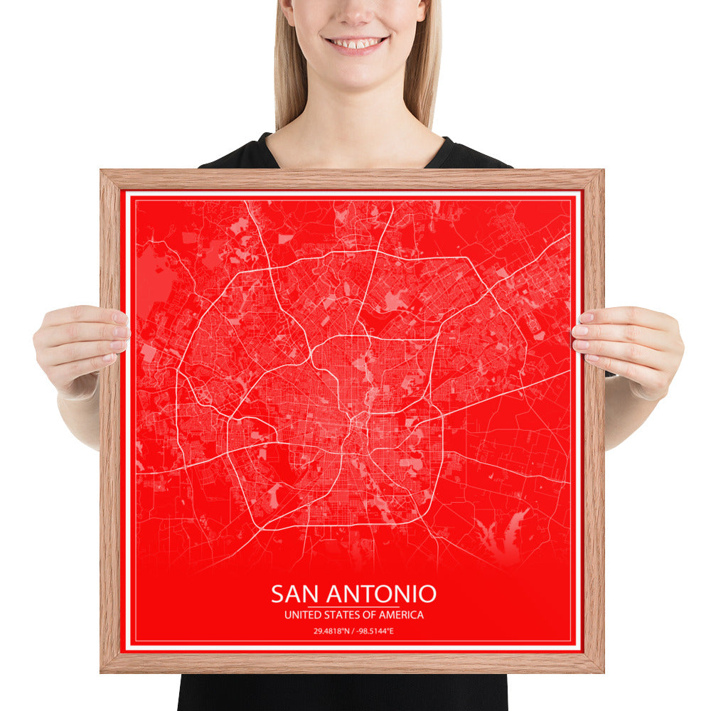 San Antonio Red and White Framed Map