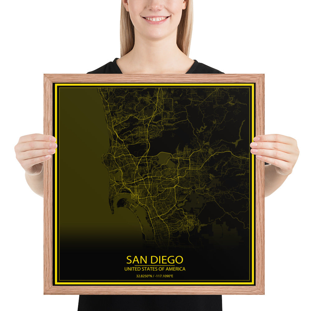 San Diego Black and Yellow Framed Map