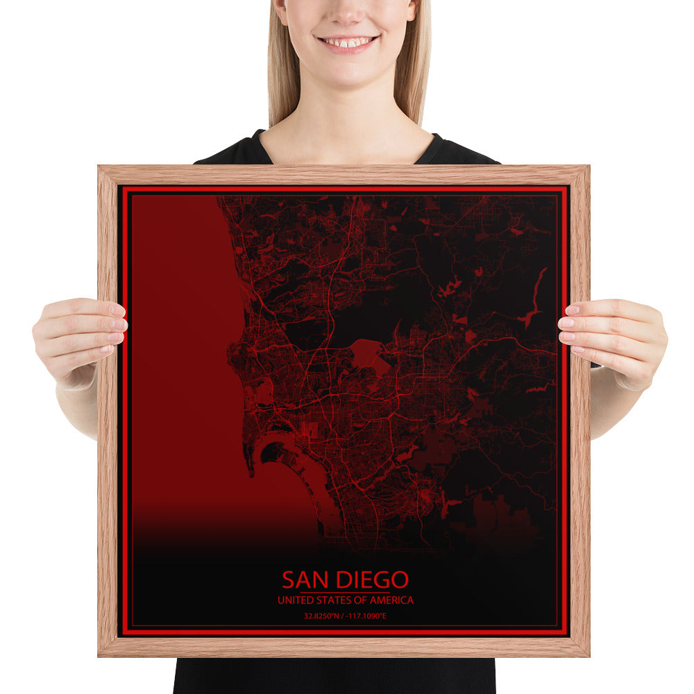 San Diego Black and Red Framed Map