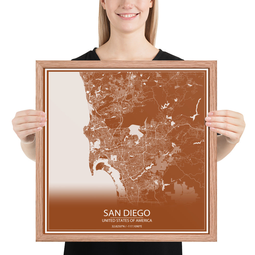 San Diego Brown and White Framed Map